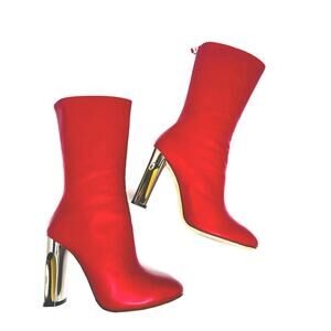 Alexander McQueen Red Leather Lux Duchess Bootie Boots 105mm High Heel Size 37.5